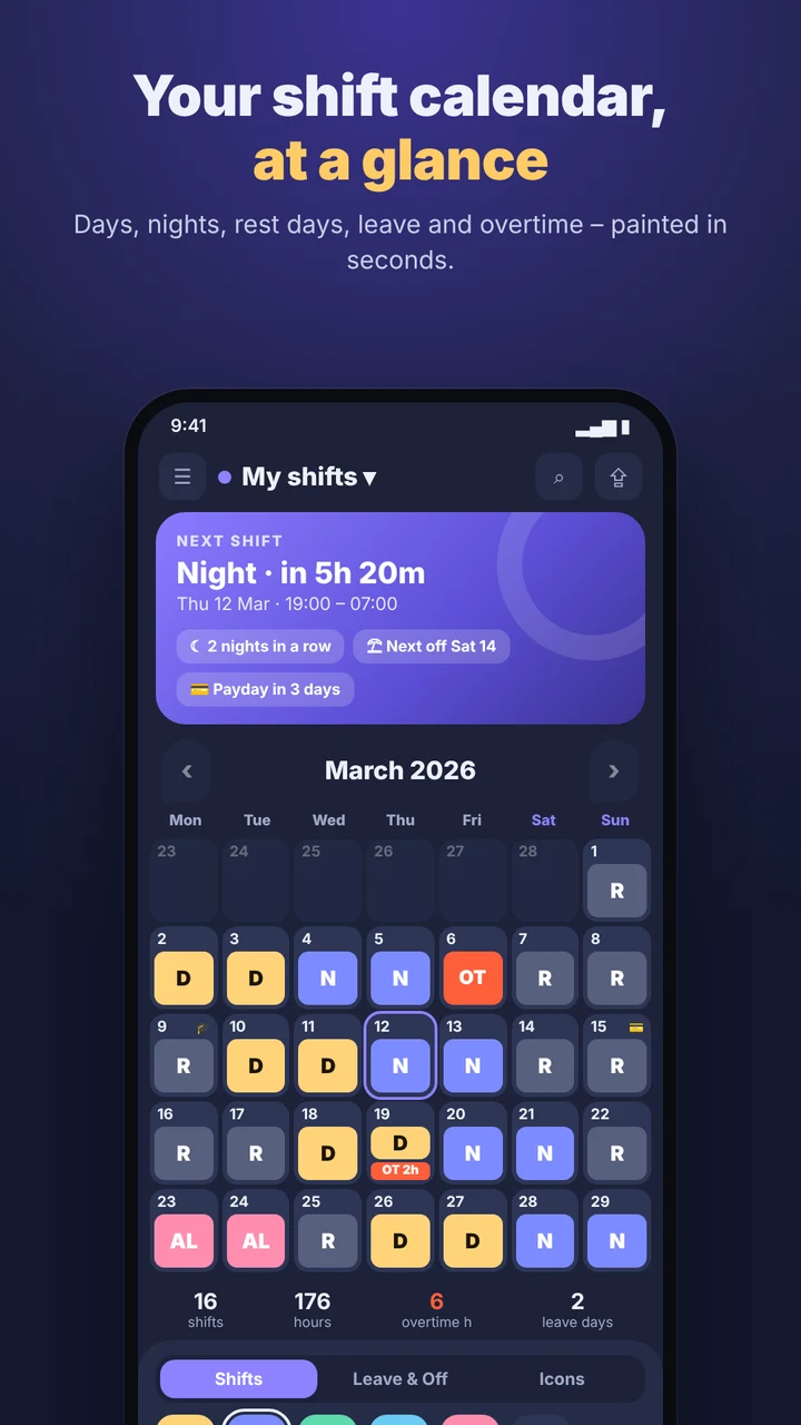 Month calendar with day and night shifts
